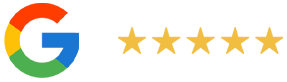 Google logo with five gold stars rating