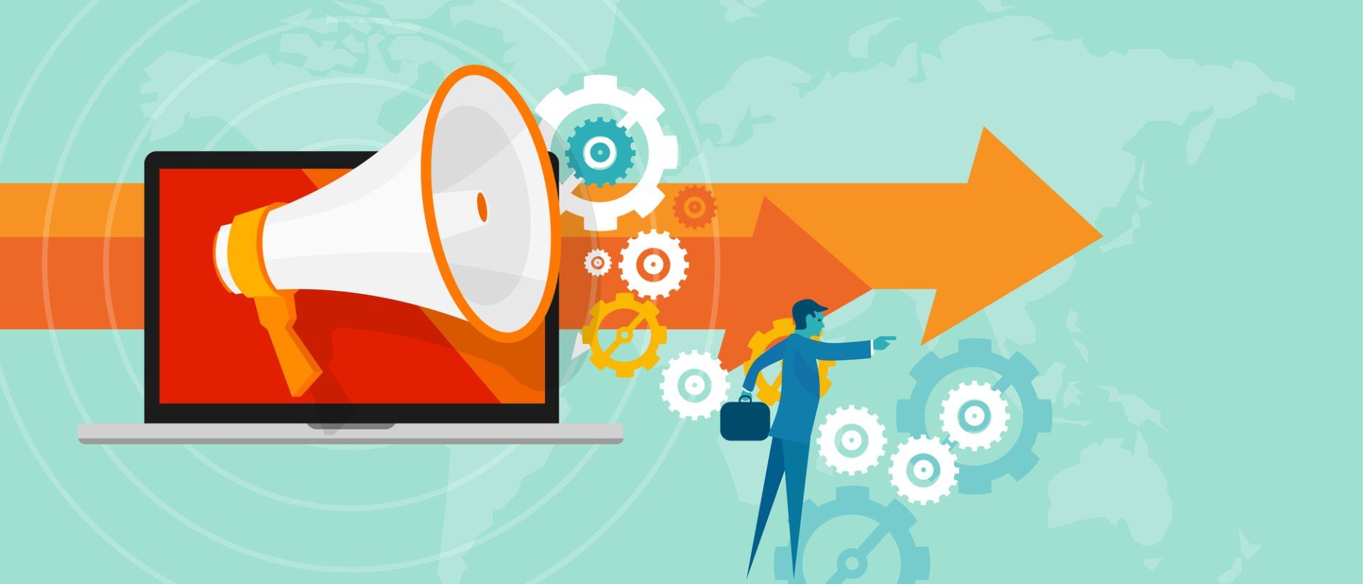 A man is standing in front of a laptop with a megaphone coming out of it.