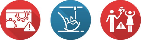 A set of three icons with a long shadow on a white background.