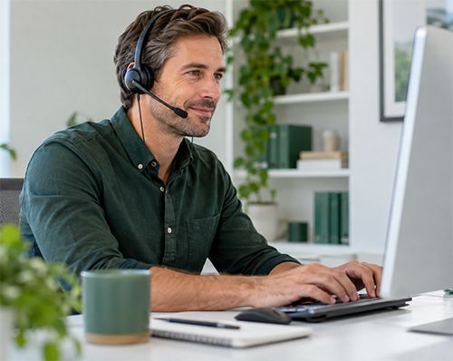 Man wearing a headset typing at a desk in a bright home office