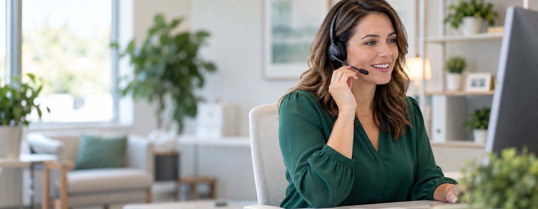 Woman wearing a green top smiles while talking on a headset in a bright office.