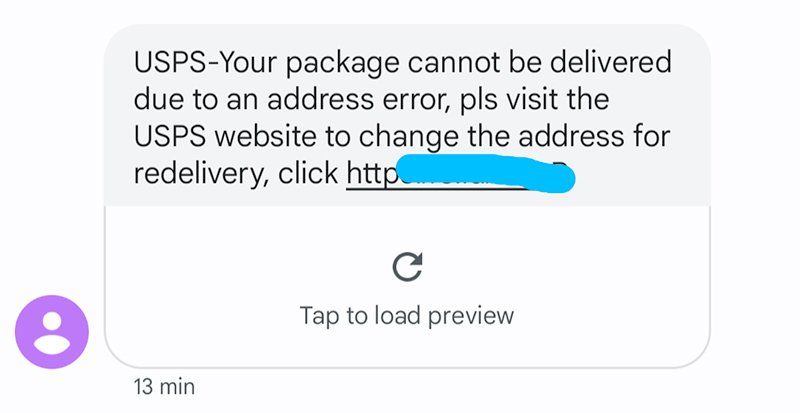 A text message from usps that says your package cannot be delivered due to an address error.