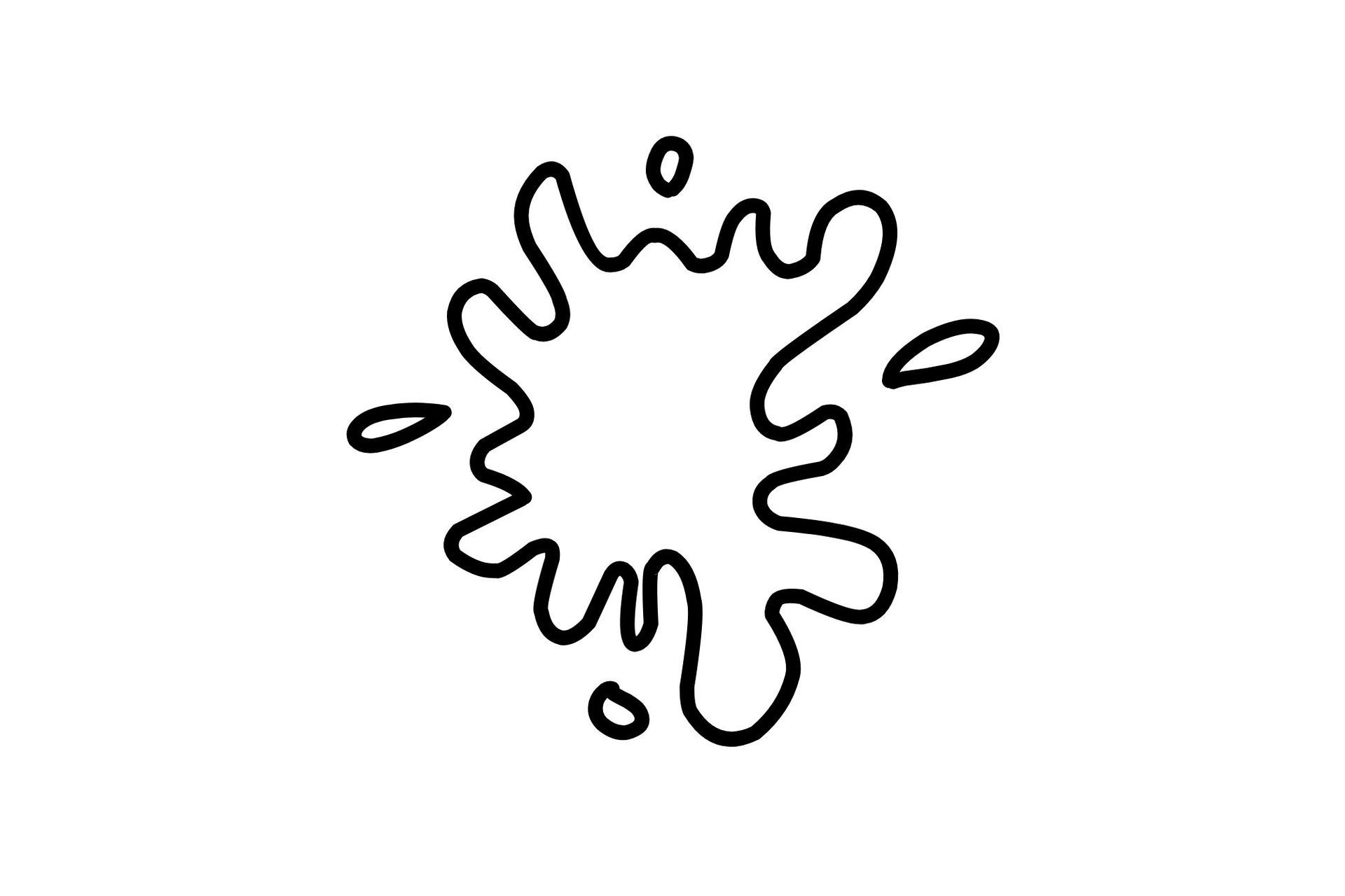 Abstract black outline of a paint splash with small droplets on a white background