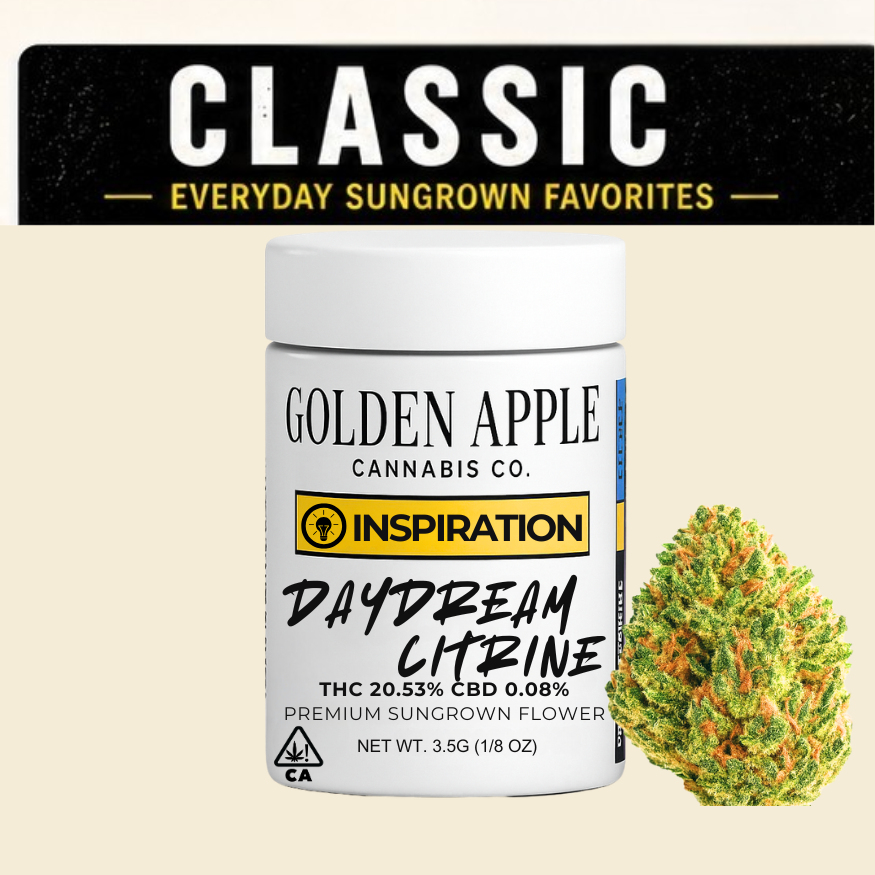Cannabis flower jar and bud beside price chart for Daydream Citrine “Classic” at Emerald City Umi Reserve