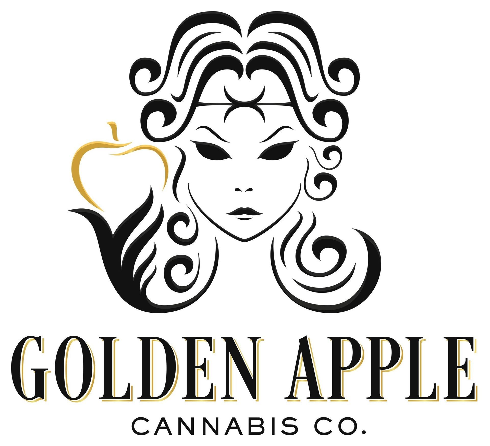 Golden Apple Cannabis Co. logo with black woman’s face and gold apple outline
