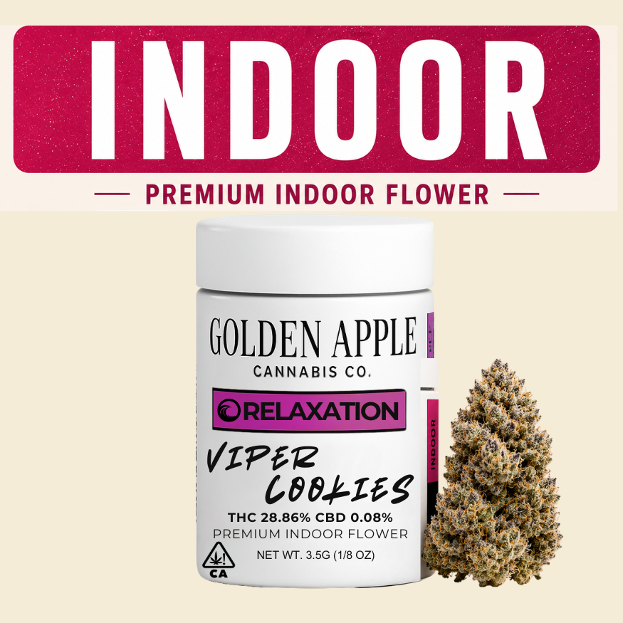 Indoor cannabis flower jar labeled Golden Apple Relaxation and Viper Cookies beside a bud, red “INDOOR” banner