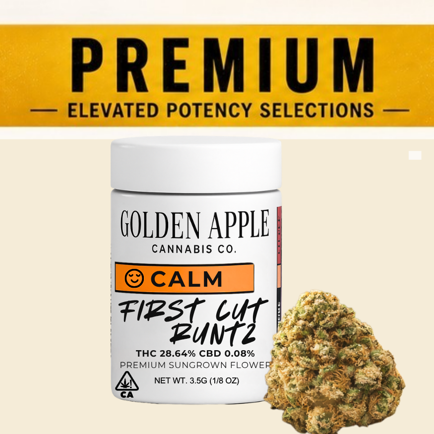 Cannabis product ad for Premium Elevated Potency Selections with jar, bud, and price table on yellow background
