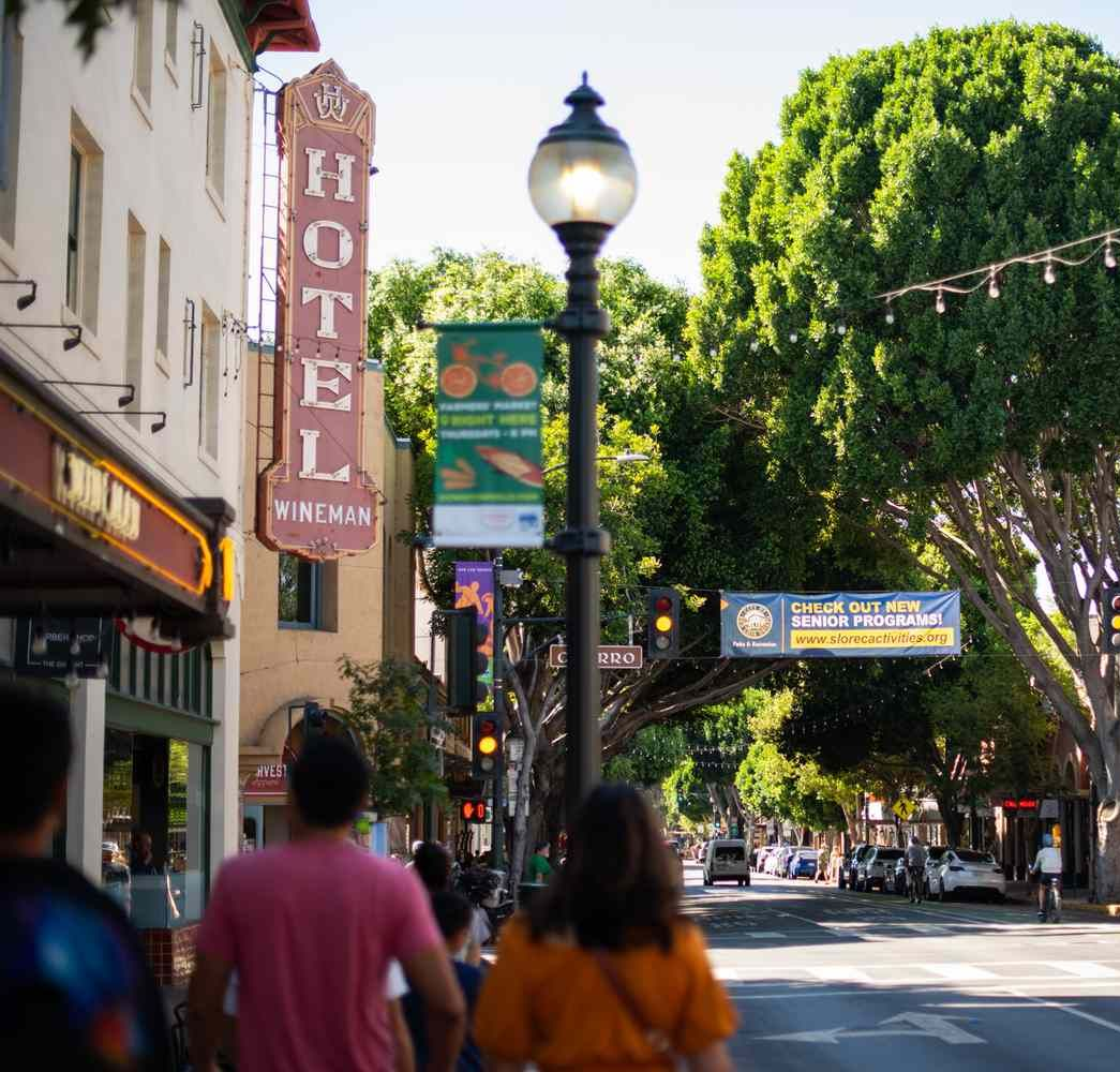 Sunny city street with pedestrians, hotel sign, lampposts, and leafy trees