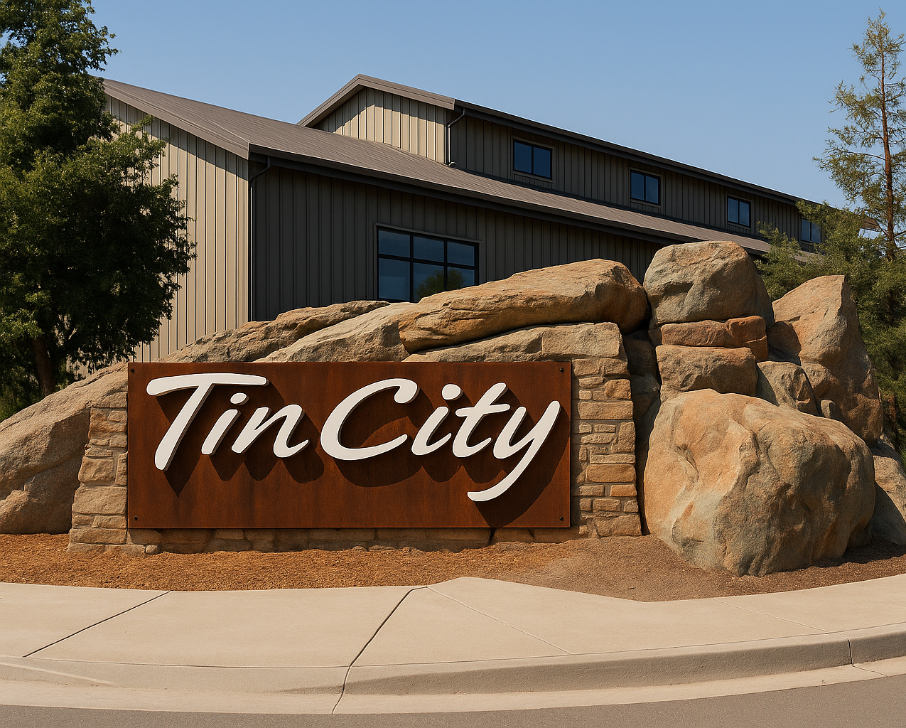 Tin City entrance sign on rock landscaping beside a building and directional signs