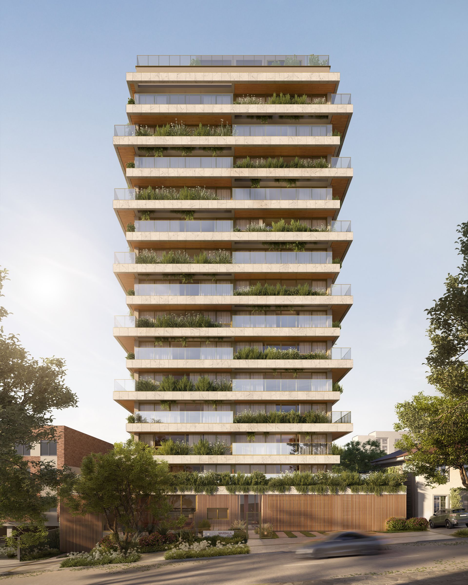 Uma impressão artística de um edifício com muitas janelas e varandas.