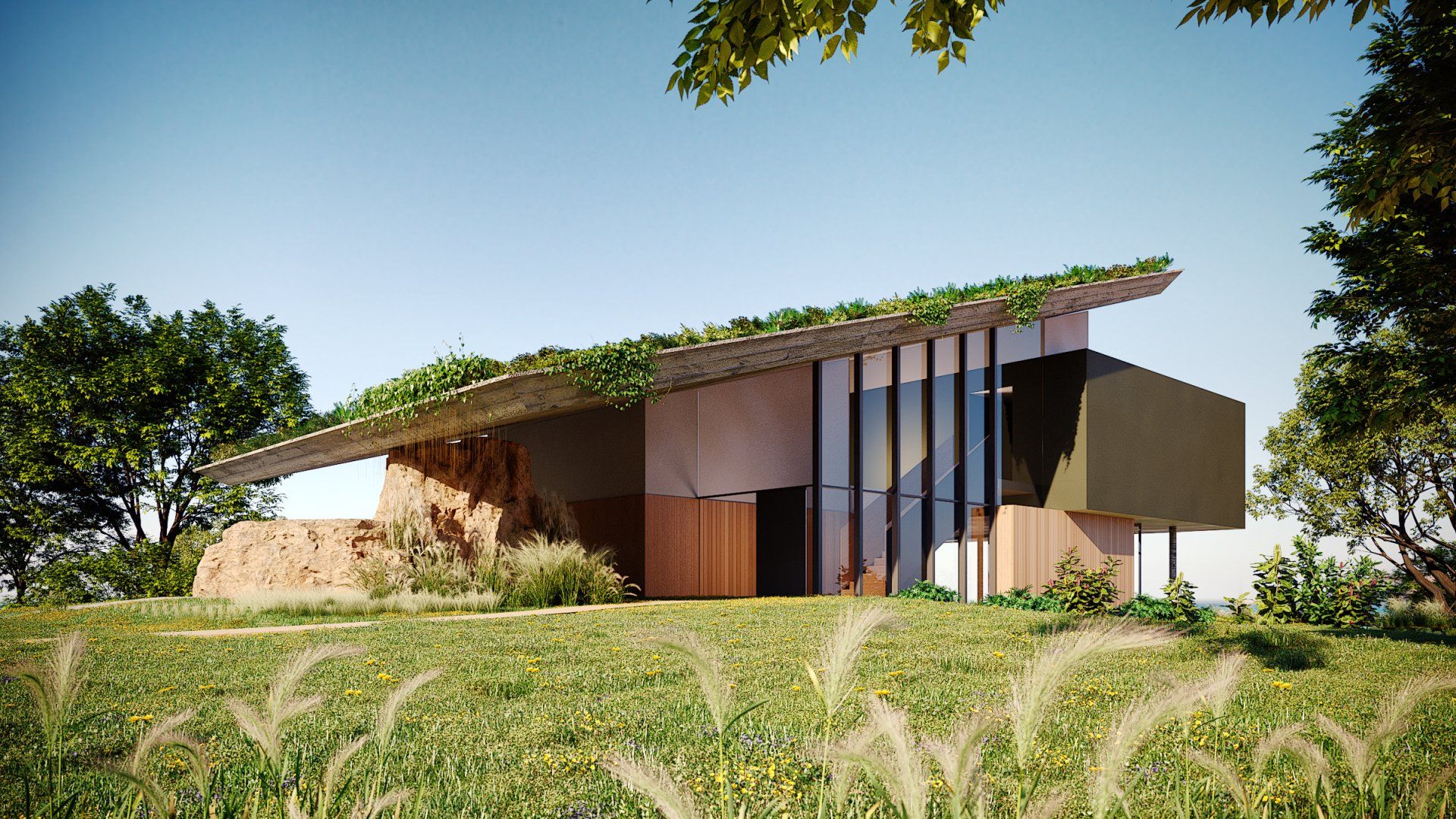 Uma casa com telhado verde está situada no topo de uma colina gramada.