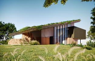 Uma casa moderna com telhado verde fica no topo de uma colina gramada.