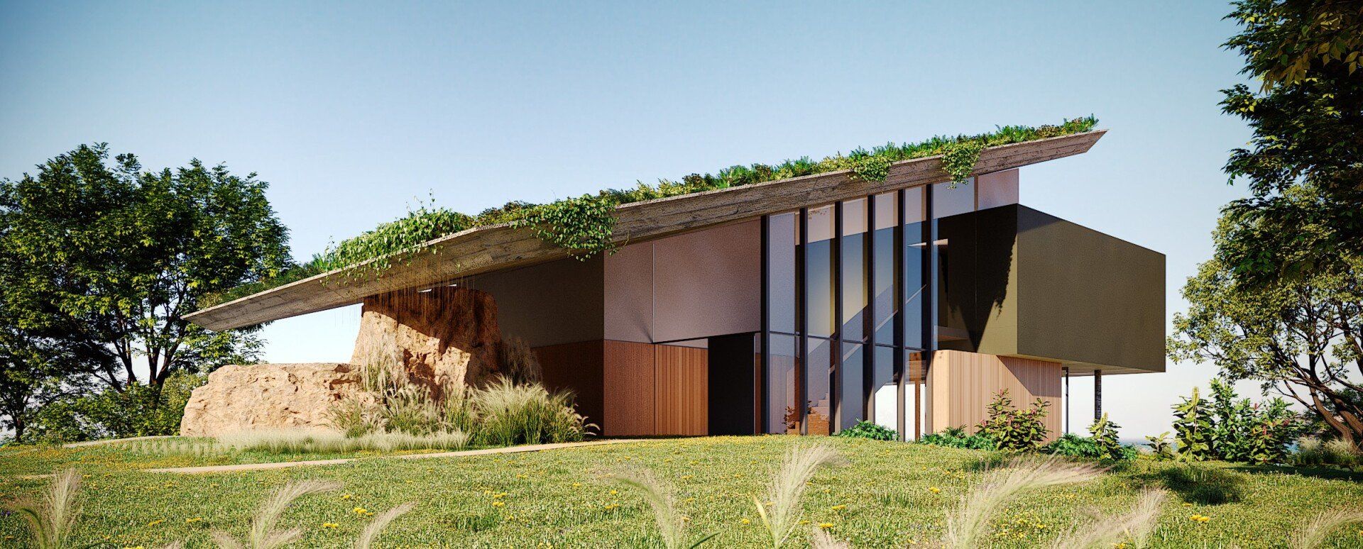 Uma casa com telhado verde está situada no topo de uma colina gramada.