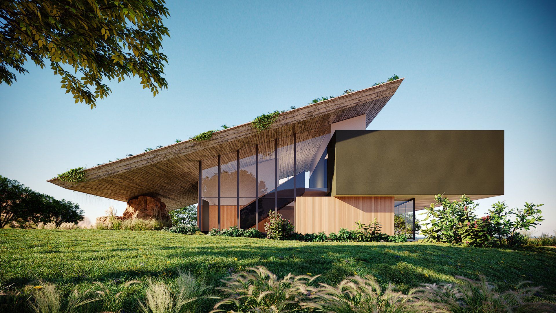 Uma casa moderna com telhado verde fica no topo de uma encosta verdejante.