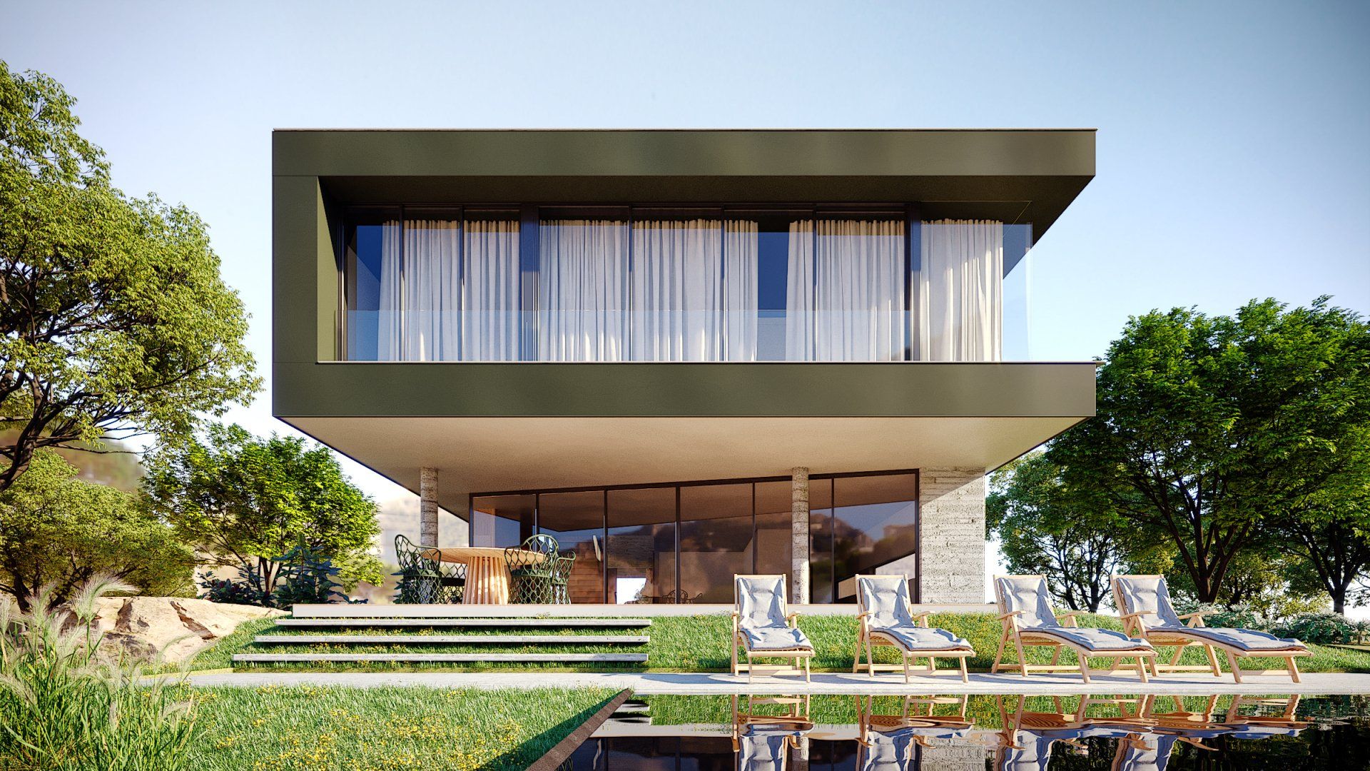 Impressão artística de uma casa moderna com piscina rodeada de árvores.