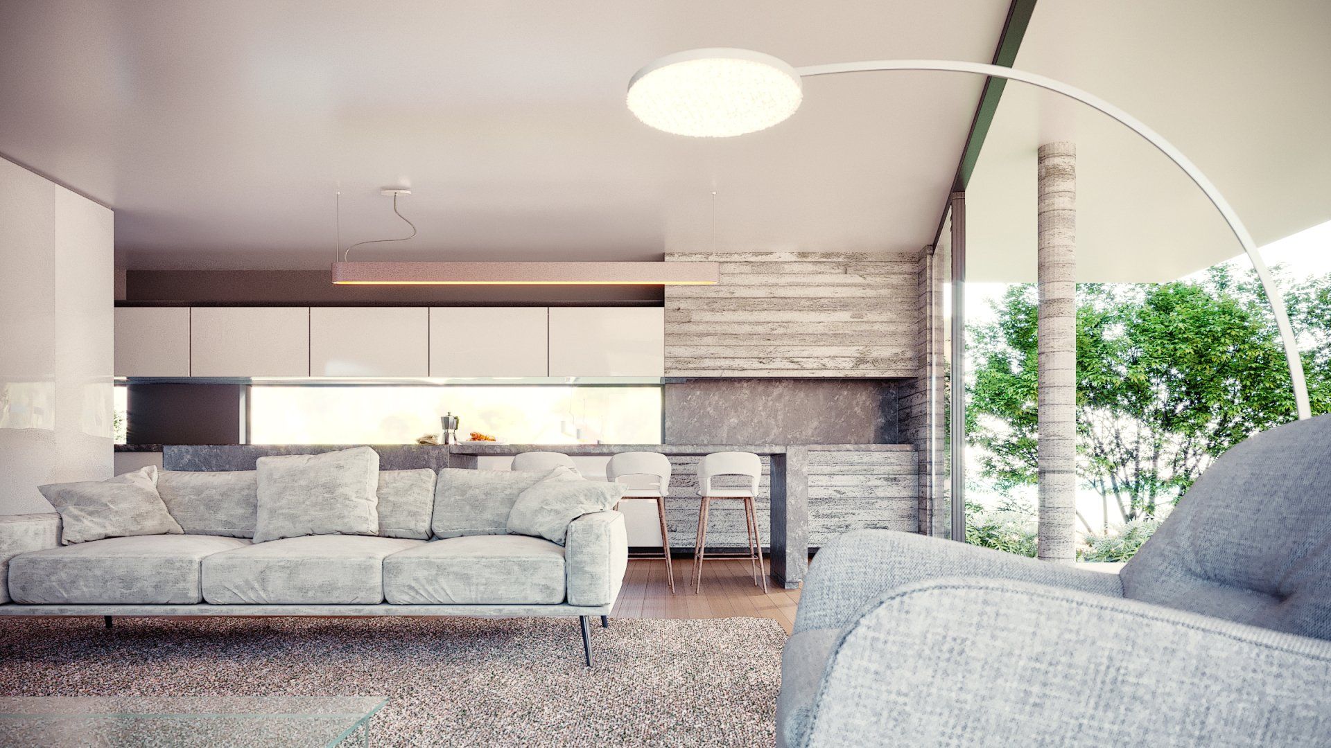 Uma sala de estar com sofá, cadeira e luminária