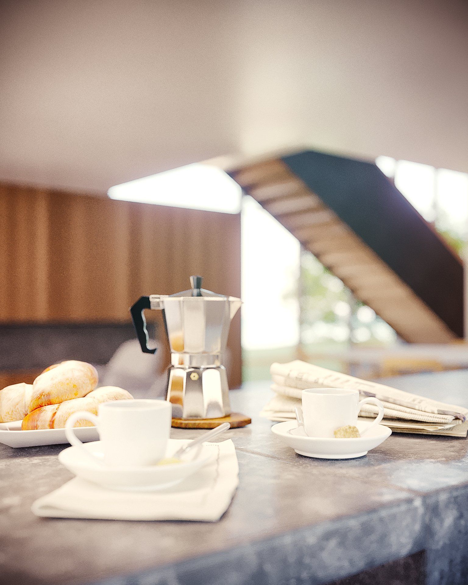 Uma cafeteira está sobre um balcão ao lado de xícaras e pires.