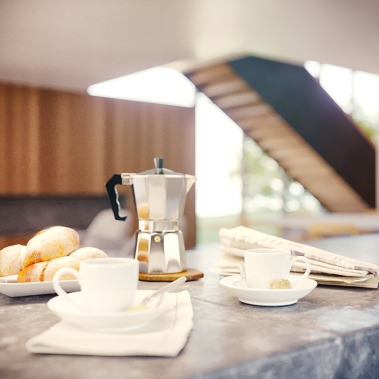 Uma cafeteira fica em um balcão ao lado de xícaras e pires