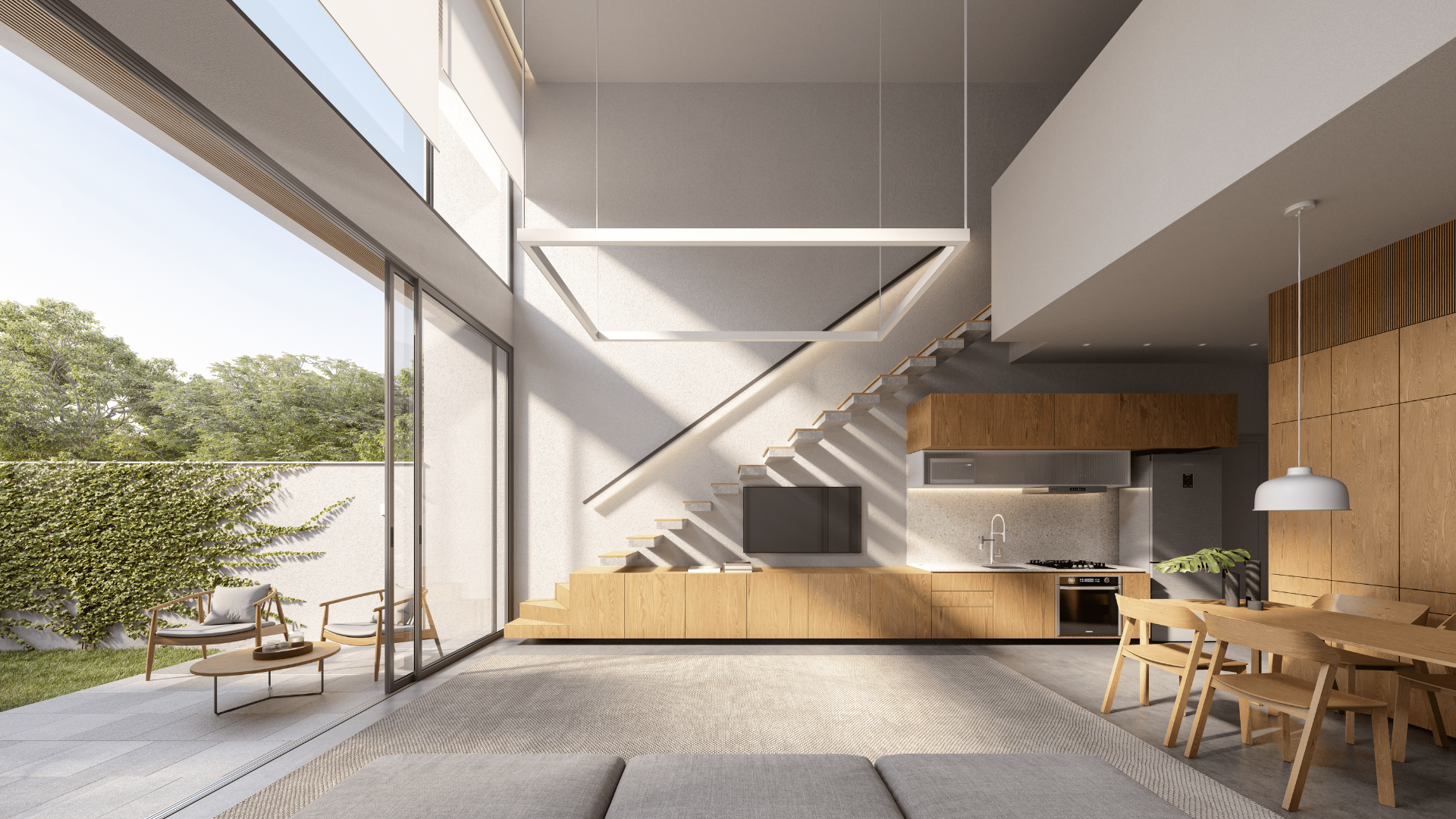 Uma sala de estar com escada que dá acesso ao segundo andar e uma sala de jantar.