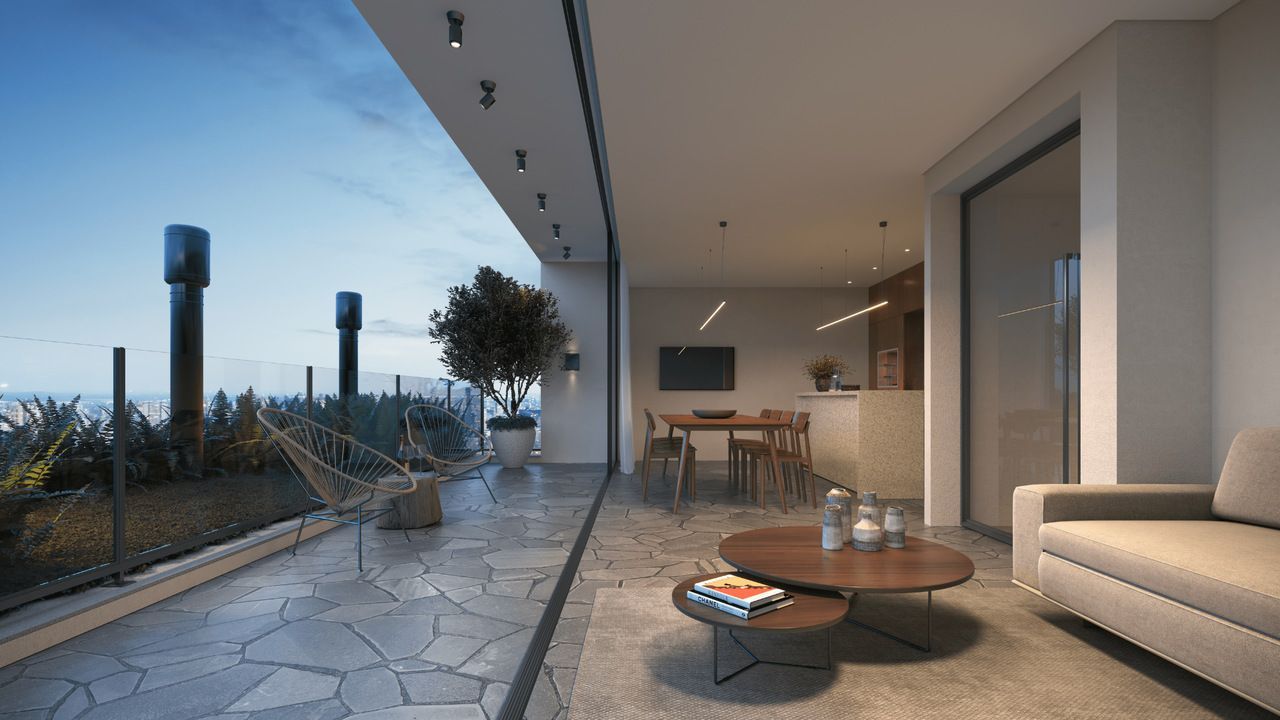 Impressão artística de uma sala de estar com sofá e mesa