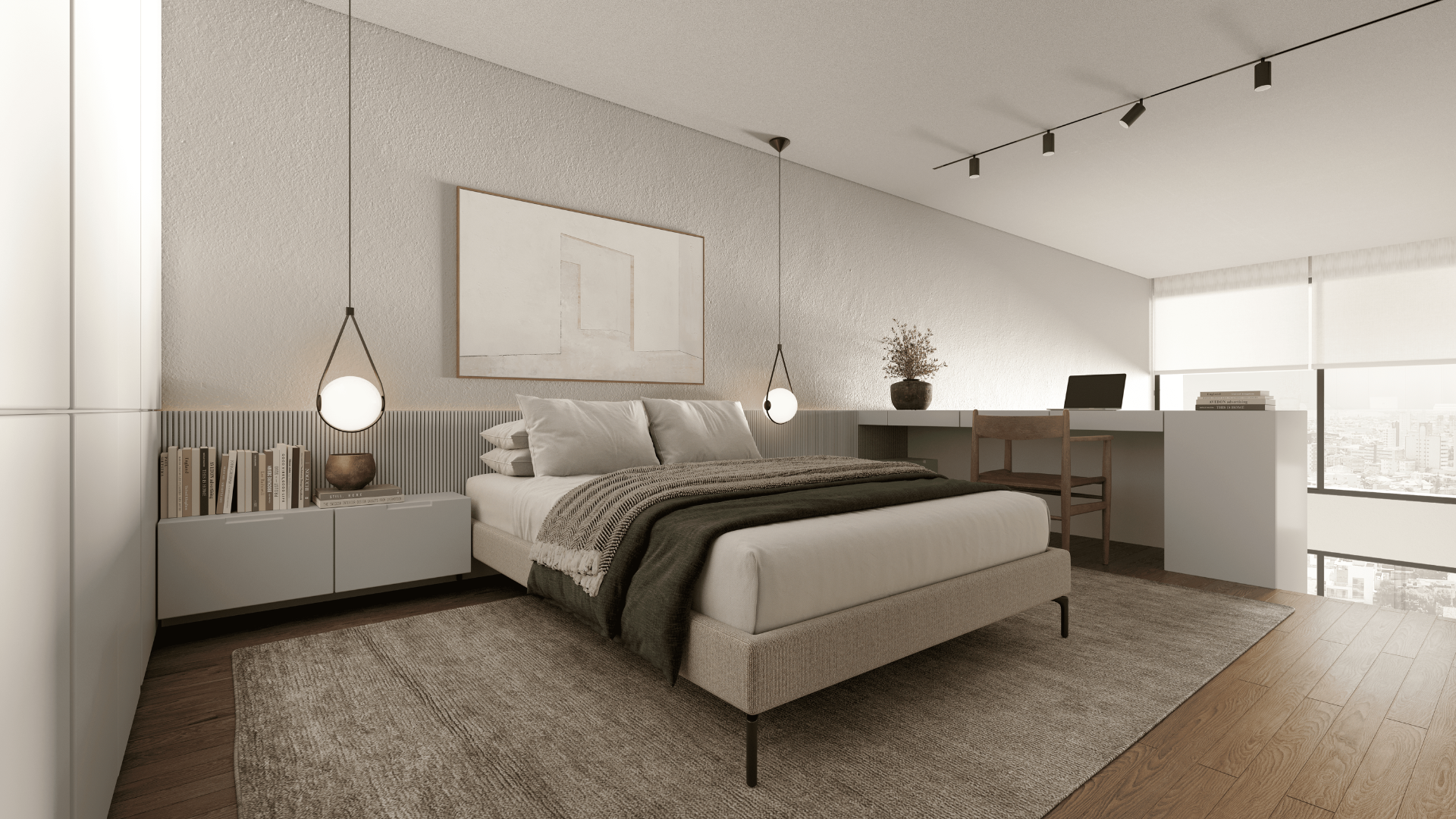 Um quarto com uma cama grande e uma escrivaninha.