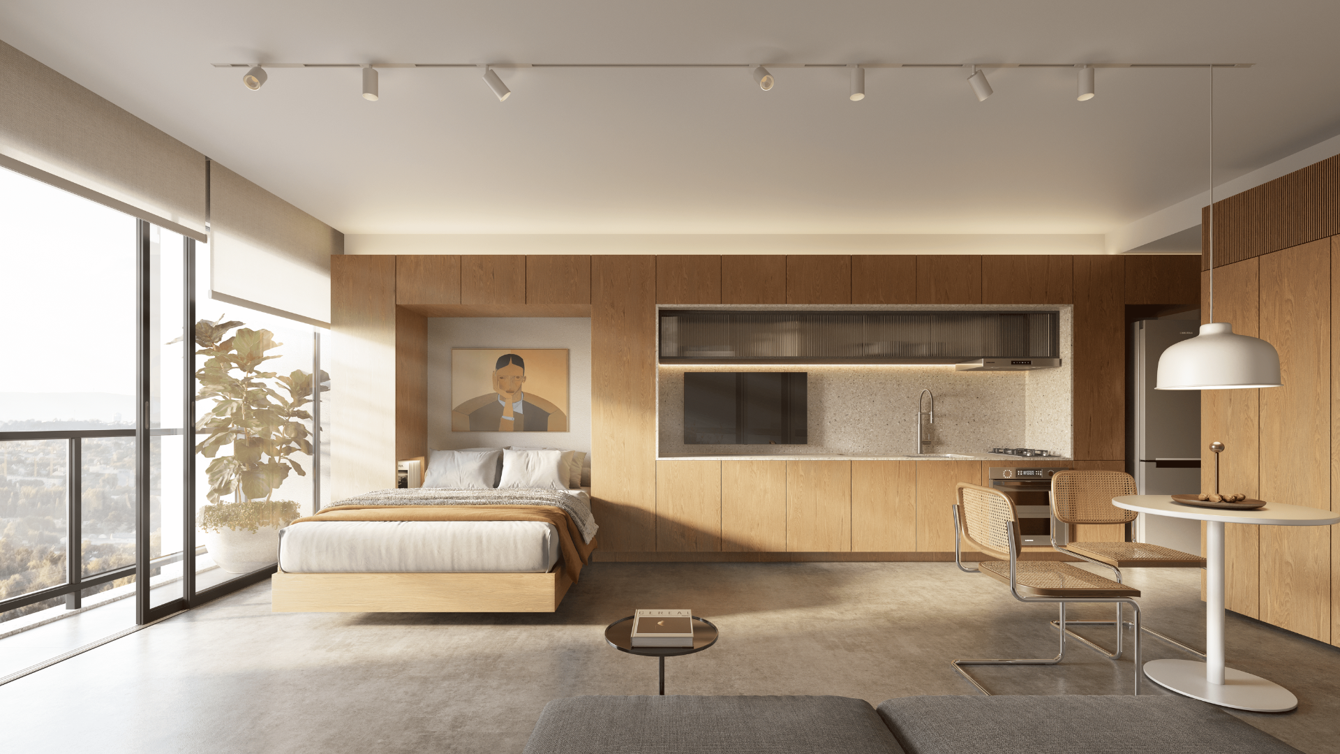 Um quarto com cama, televisão, mesa e cadeiras.