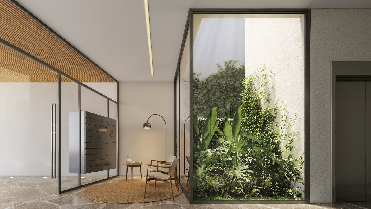 Impressão artística de uma sala de estar com uma grande janela