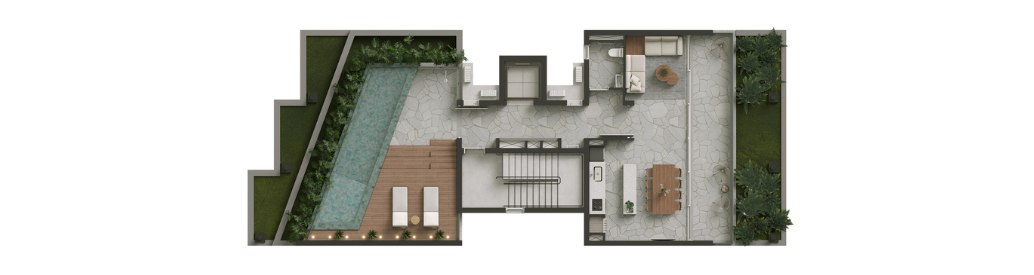 Uma vista aérea de uma casa com piscina.