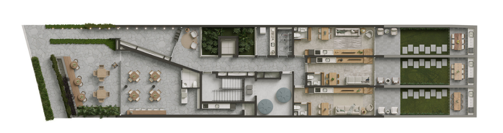 Uma vista aérea de uma casa com muitos quartos e escadas.