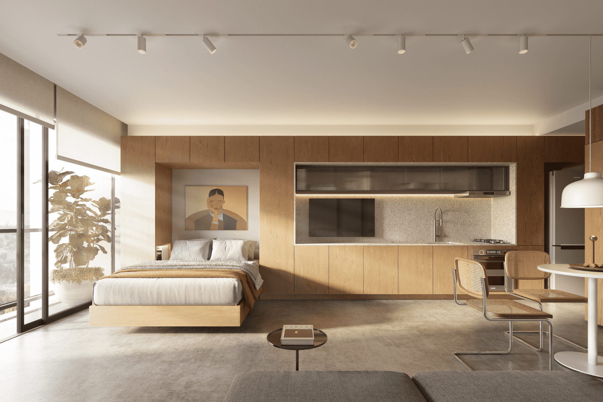 Um quarto com cama, televisão, mesa e cadeiras.