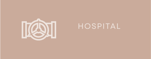 Um logotipo para um hospital com um sinal de paz em um fundo marrom.