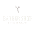 Logo bianco da barbiere con forbici sopra le parole "BARBER SHOP" e "DOMENICO FURANO"