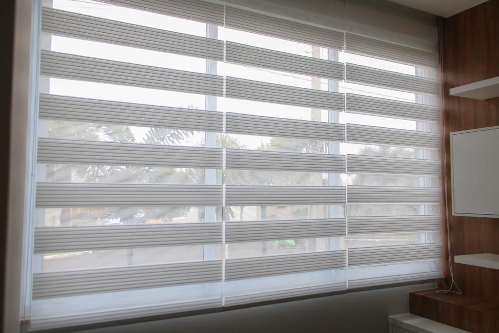 A Window With A Zebra Pattern Blind On It In A Room — Outdoor Blinds In Swansea, NSW