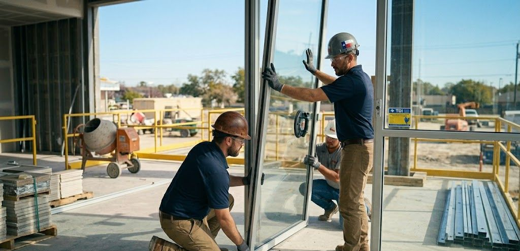 Two construction workers in hard hats and safety gear install a large glass window pane at a building site.