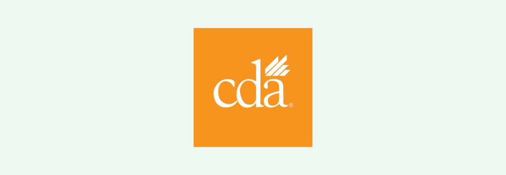 The CDA logo on a white background. Orange square with white text 