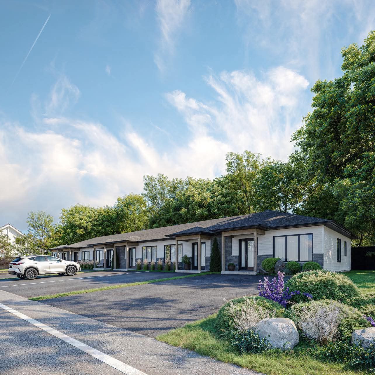 An artist 's impression of a row of houses with cars parked in front of them.