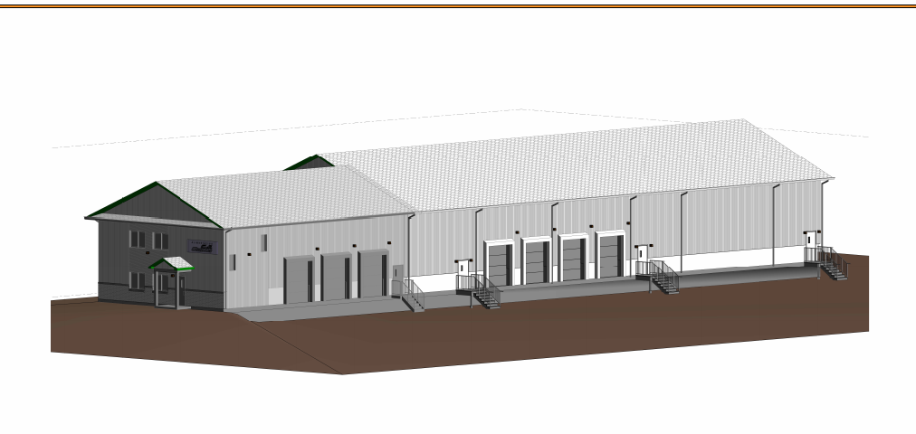 A 3d model of a building with a white roof