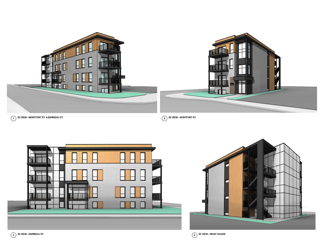 A set of four drawings of a building on a white background