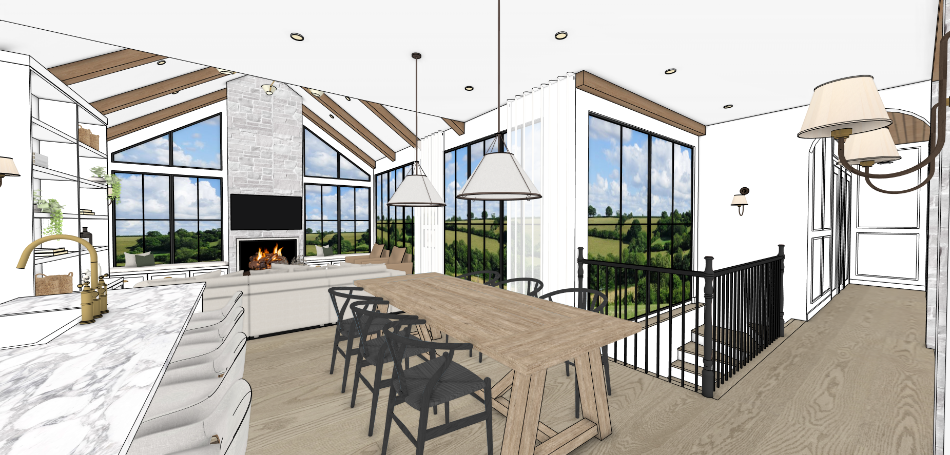 A drawing of a living room with a table and chairs and a fireplace.