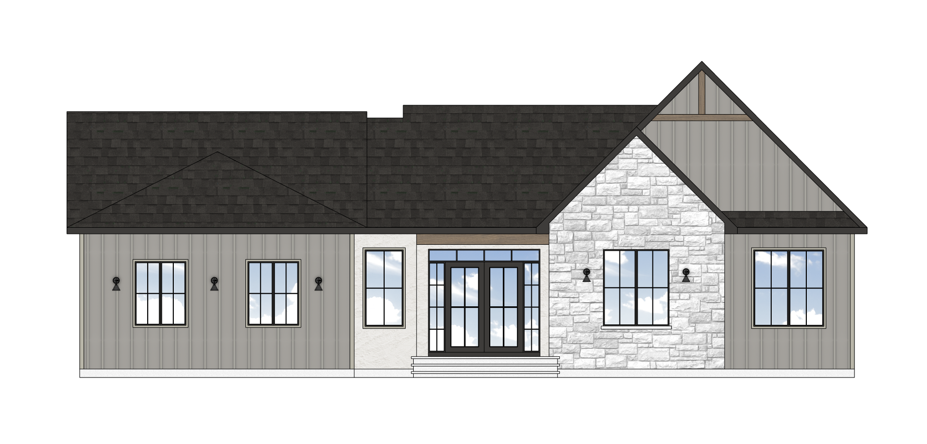 A rendering of the back of a house with a stone wall and a black roof.