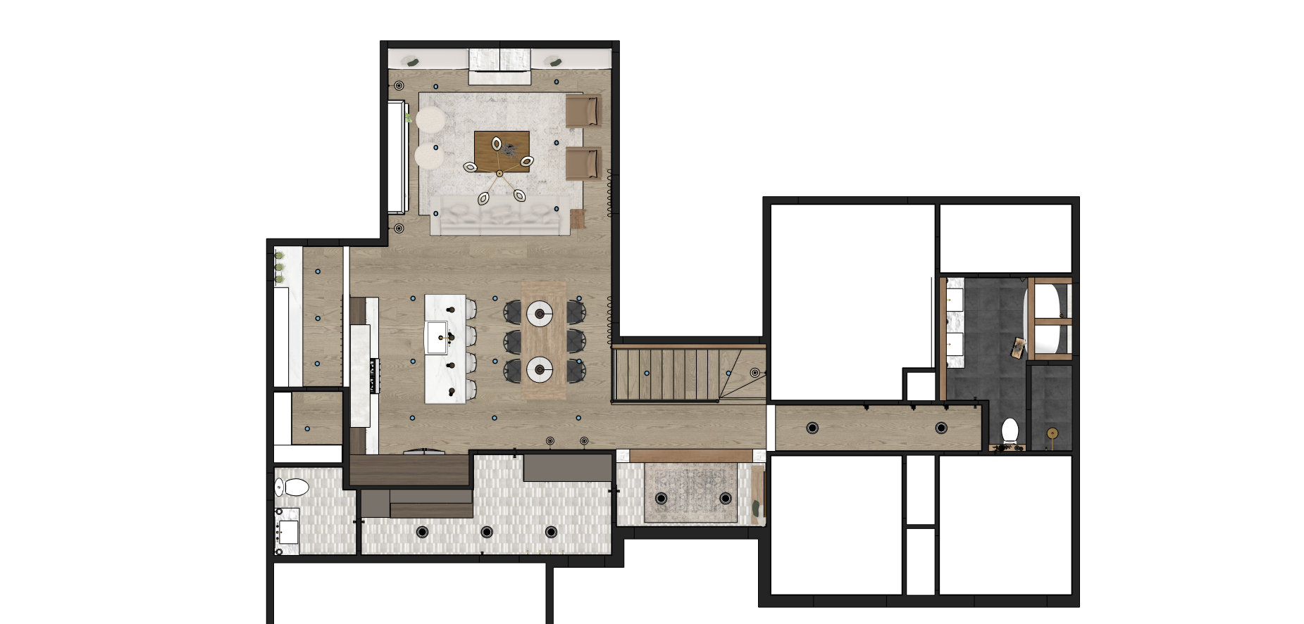 An aerial view of a floor plan of a house.