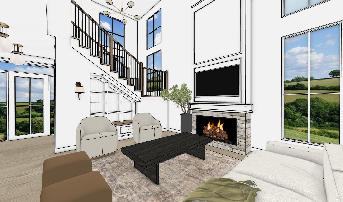 An artist 's impression of a living room with a fireplace and stairs