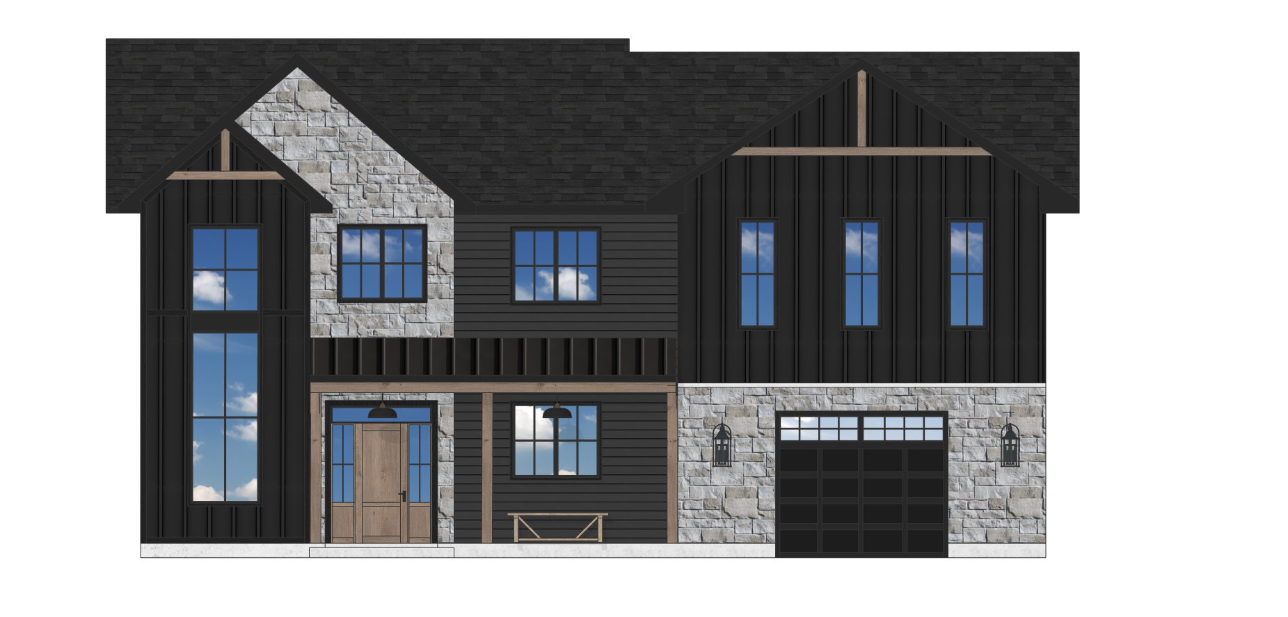 A rendering of a house with a black siding and a garage.
