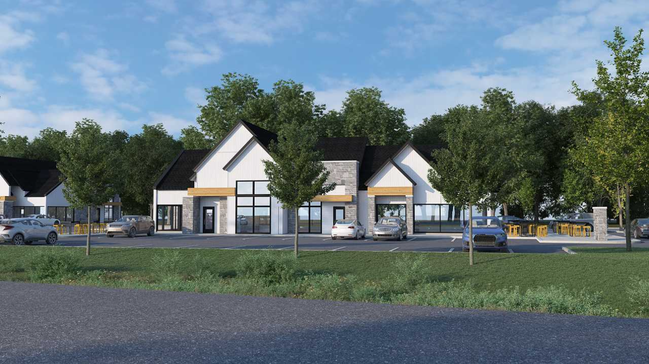 An artist 's impression of a building with cars parked in front of it.