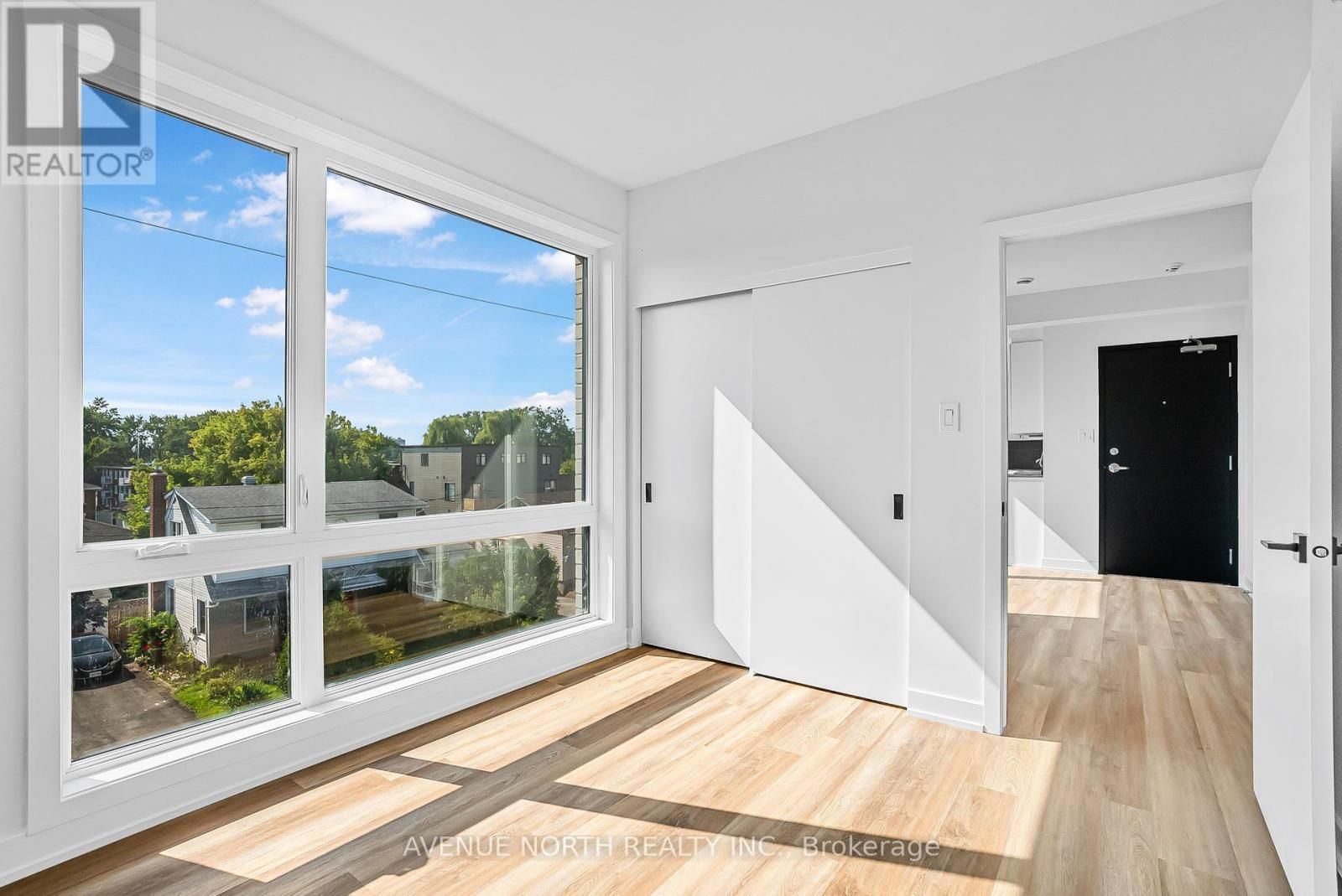There is a large window in the middle of the room.