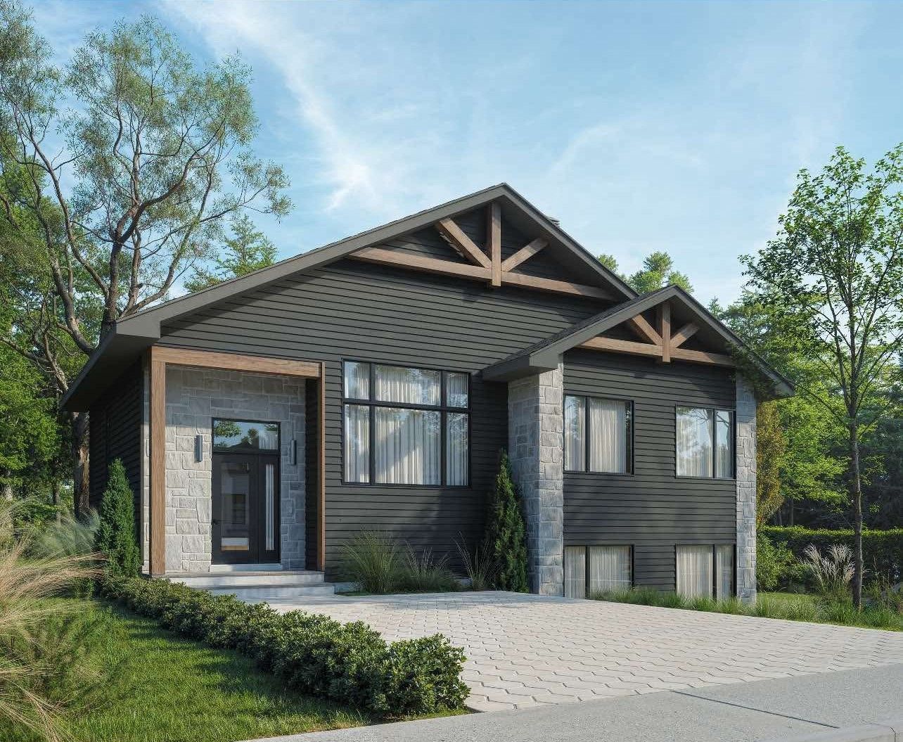 An artist 's impression of a house with a lot of windows and trees in the background.