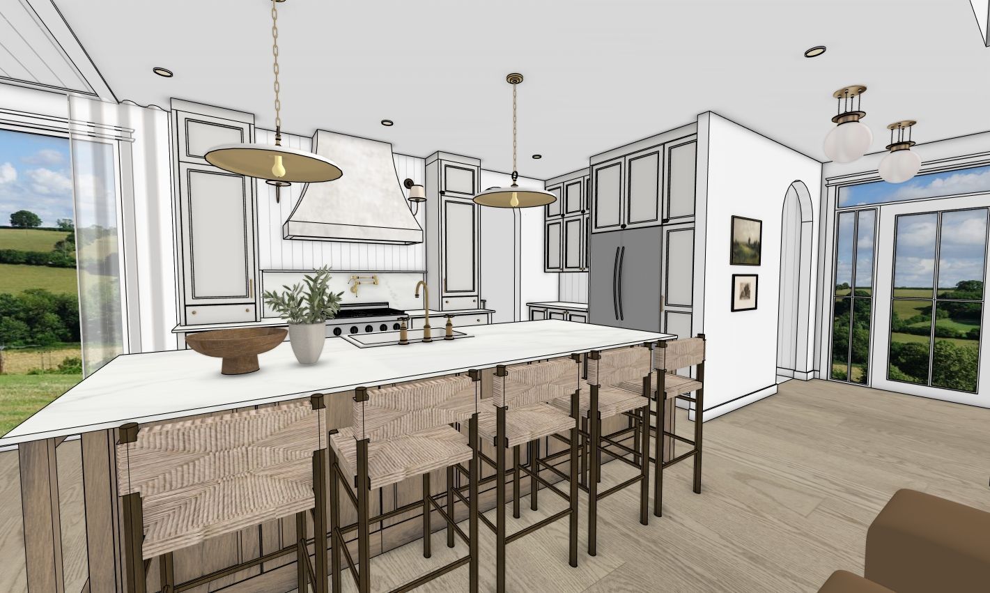 A drawing of a kitchen with a large island and stools.