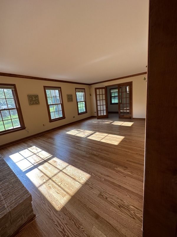 Empty sunlit living room with hardwood floors, tan walls, and large windows casting shadows