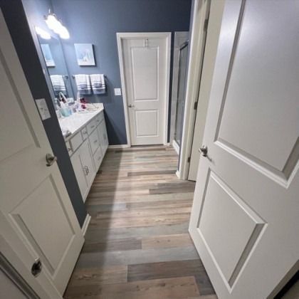 Bathroom hallway with blue walls, white doors, vanity, and wood-look flooring