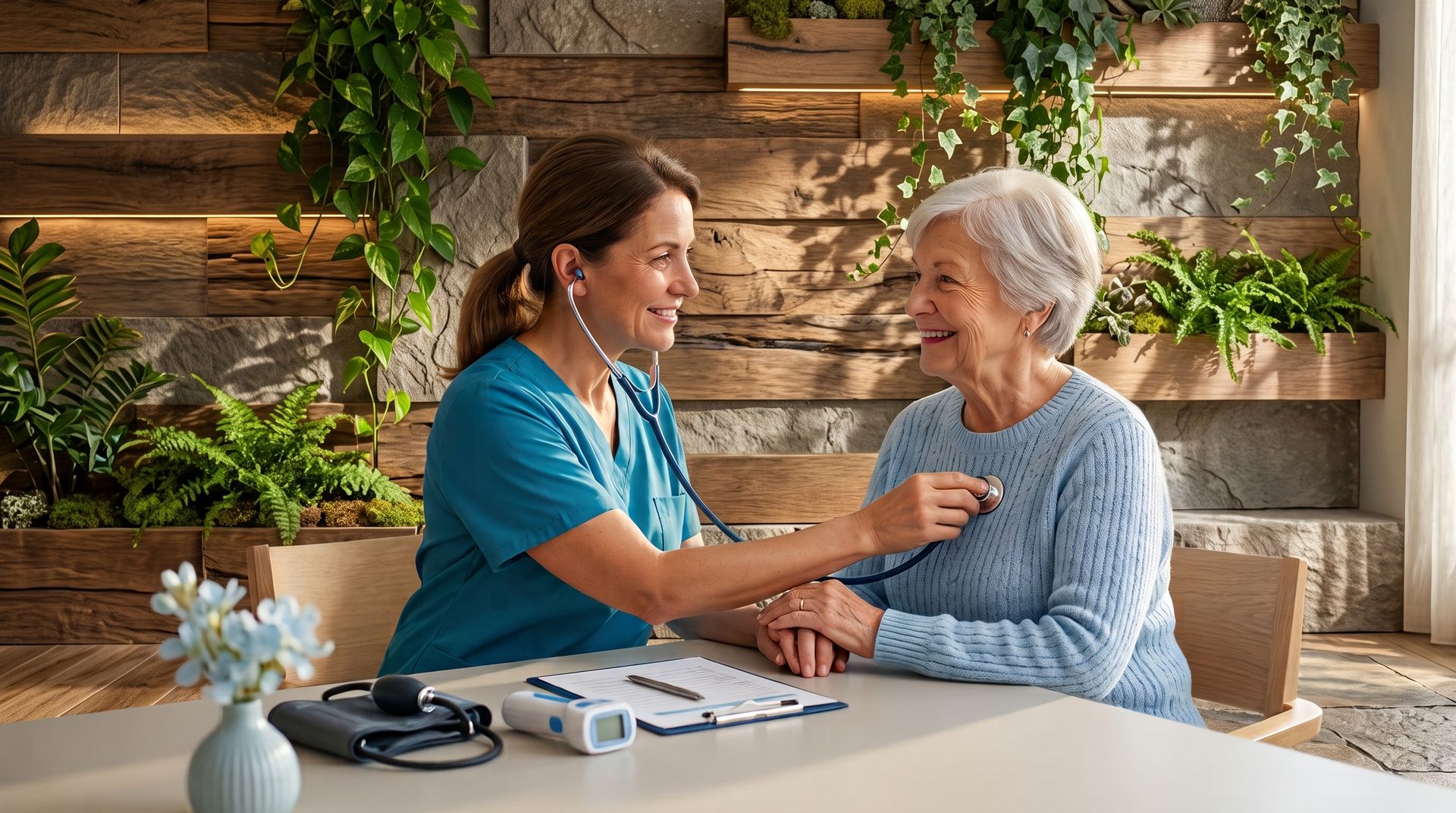 Care home: Elderly people at a table with a nurse, one woman in a wheelchair, a doctor talking to others.